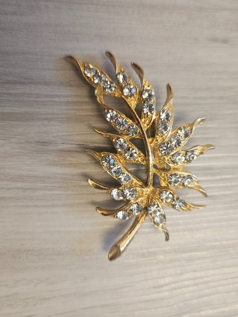 Vintage Gold-Tone Leaf & Feather Rhinestone Brooch